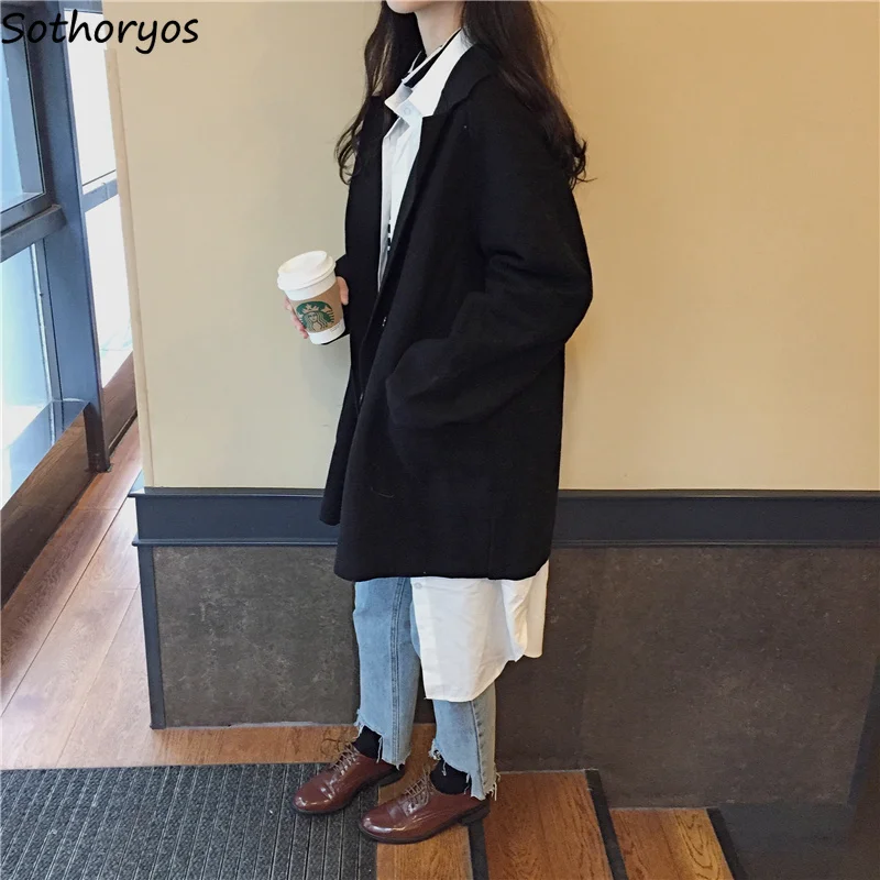 Смешанные женские осенние двубортные длинные карманы для отдыха однотонные универсальные корейские стильные пальто женские свободные трендовые простые смесовые