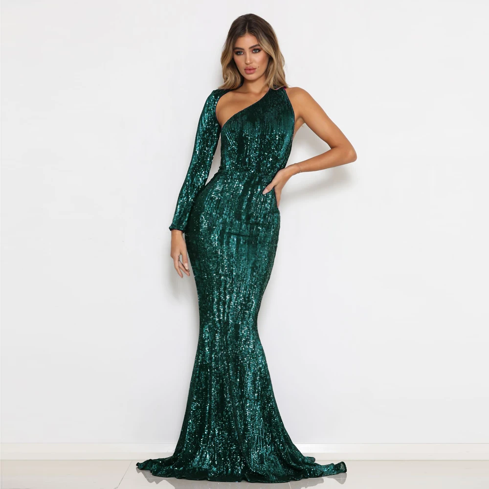 

2019 Sexy Hollow Out Open Back One Shoulder Stretchy Shiny Sequin Party Dress Floor Length Stretch Full Lining Summer Dress