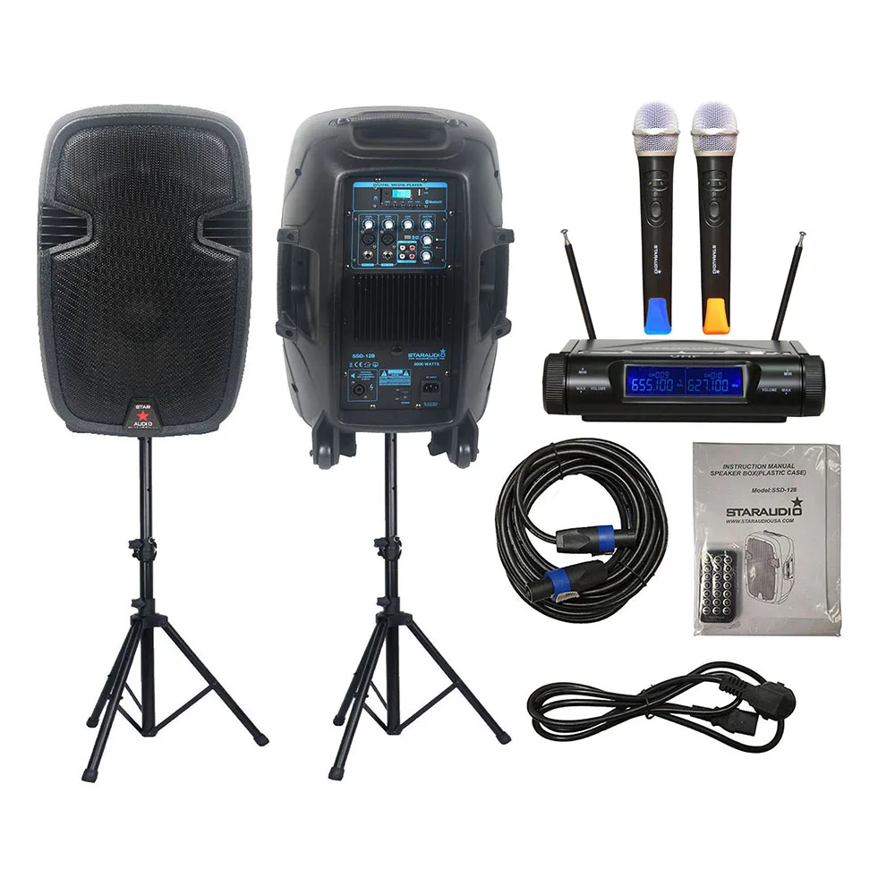 

STARAUDIO Dual 2000W Powered 12" DJ Speakers Audio Active PA Speaker Stands 2CH UHF Church Handheld Wireless Microphone SSD-12B