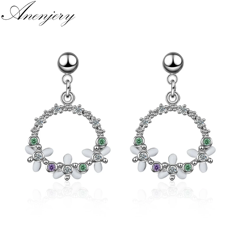 Anenjery корейский стиль 925 пробы серебро циркон круглый венок серьги для женщин Девушка подарок pendientes brincos S-E609