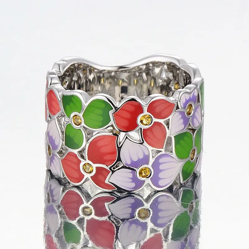 SANTUZZA кольца для женщин, красочное прозрачное эмалированное цветочное кольцо с белым кубическим цирконием, вечерние кольца, модные ювелирные изделия ручной работы