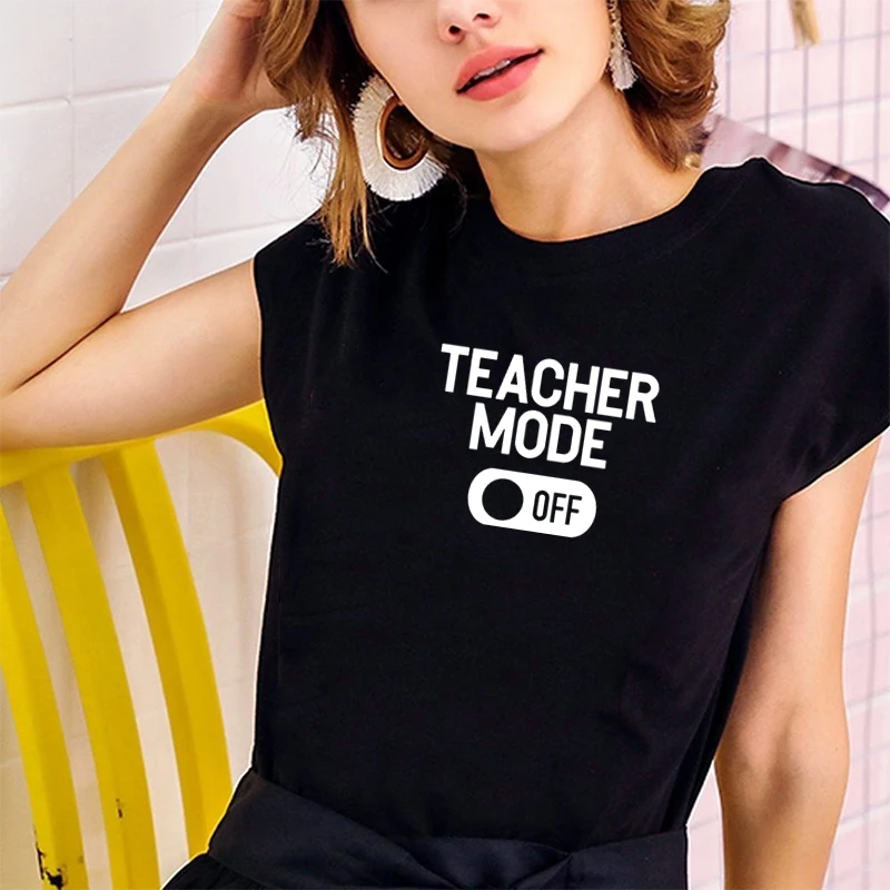Женская хлопковая забавная футболка с принтом TEACHER MODE Винтажная круглым вырезом