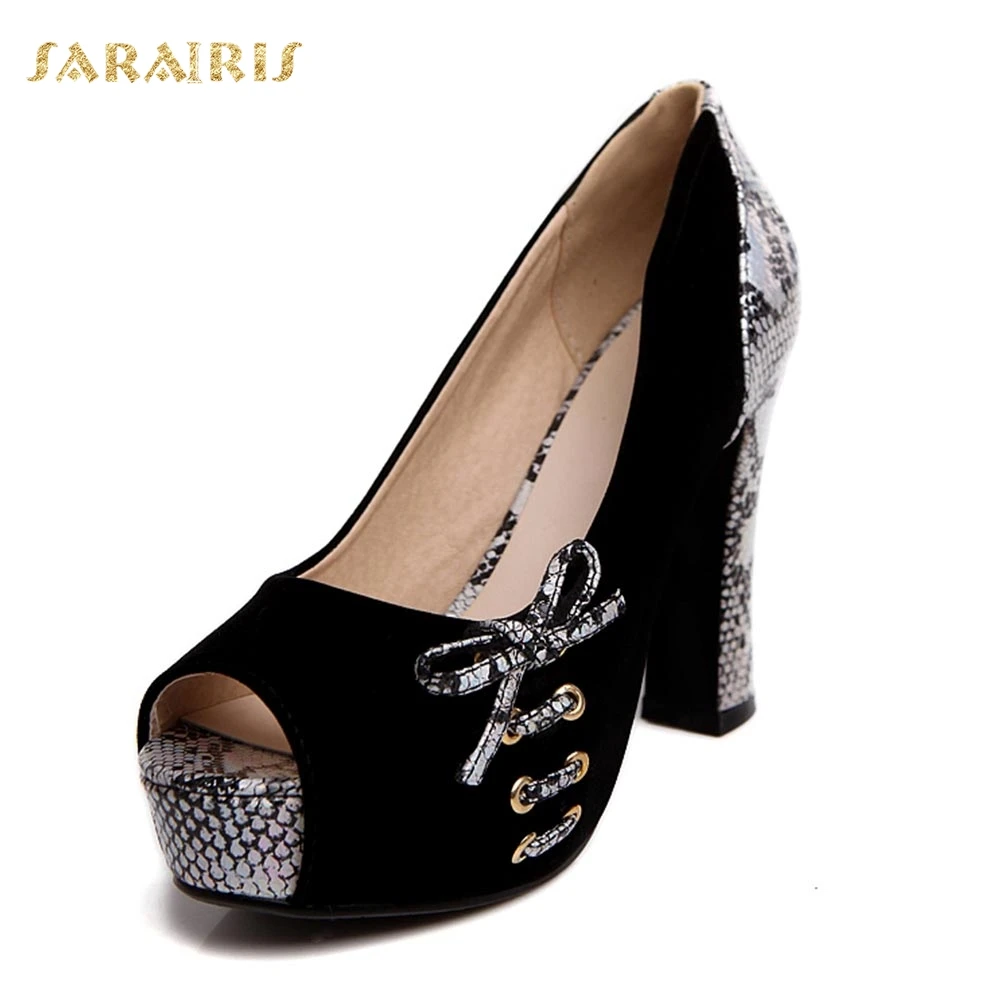 SaraIris/туфли из змеиной кожи на высоком каблуке с маленьким бантом; летние туфли с открытым носком на платформе для вечеринки и свадьбы; женские туфли-лодочки; Размеры 33-40 - Цвет: Черный