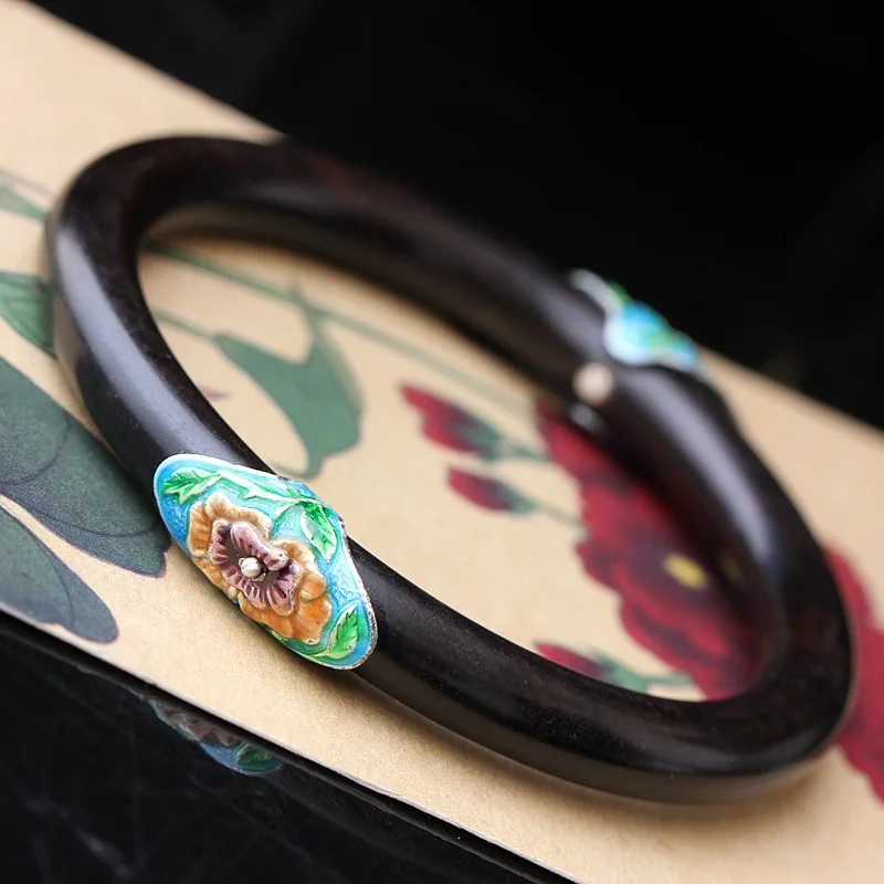 

Silver Jewelry Wholesale Handmade Silver Mahogany Ebony Bangle S925 Sterling Silver Cloisonne Vintage Bangle Women