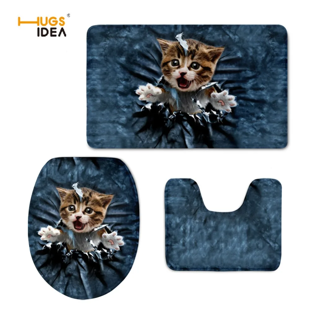

HUGSIDEA 3D Cute Denim Cat Dog Design 3PCS Set Bathroom Floor Carpet Home Hotel Decor Non-slip Area Rugs for WC Toilet Lid Pads
