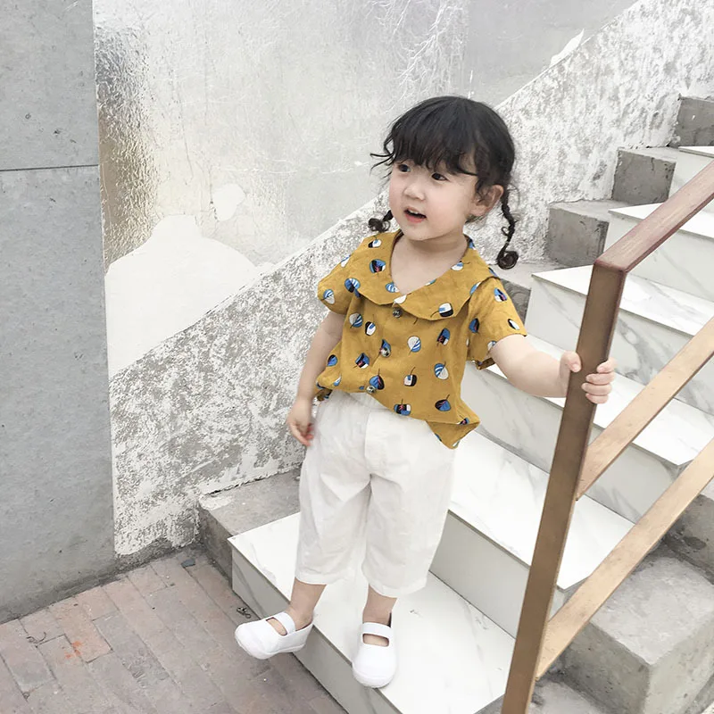 

2019 Summer Girls Short Sleeve Cartoon Tops Tee Baby Doll Turn Collar Blouses Little Kids Thin Floral Fashion Broadcloth
