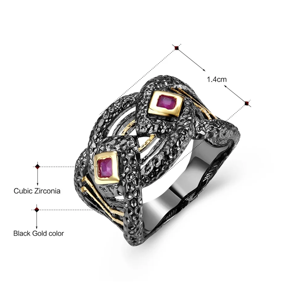 DreamCarnival 1989 Black Gold Color Hip Hop Parties Jewelry Rings Fuchsia Red CZ Gothic Anniversary Gift for Women Lover SR2288