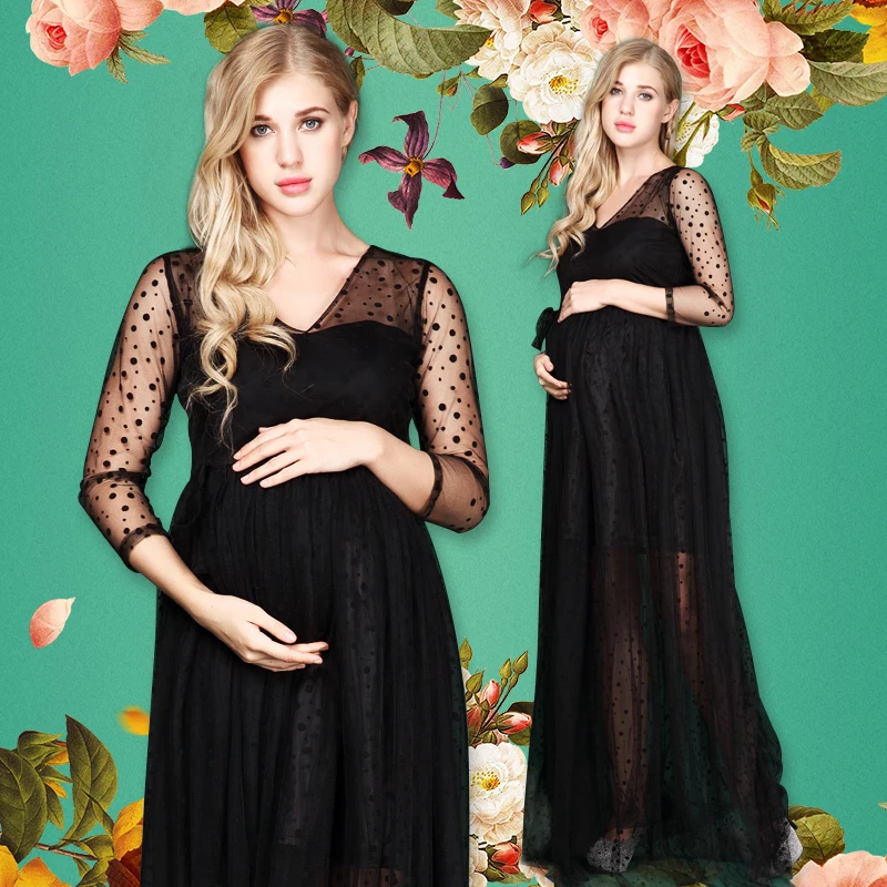 

New Women Maternity Photography Props Pregnancy Clothes Maternity Chiffon Black Dots Dresses For pregnant Photo Shoot