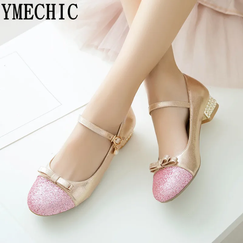 

YMECHIC 2019 Fashion Lovely Bowtie Mary Jane Womens Ladies Shoes Bling Pink Silver Chunky Low Heel Pumps Big Size Party Shoes