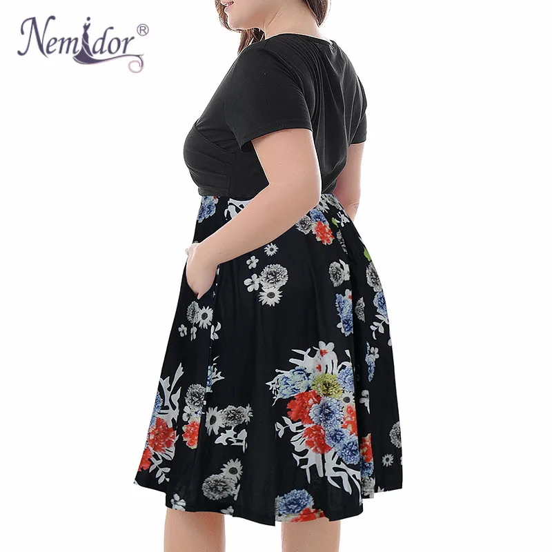 Nemidor Women's V-Neck Print Pattern Casual Work Stretchy Plus Size Swing Dress with Pocket (9)