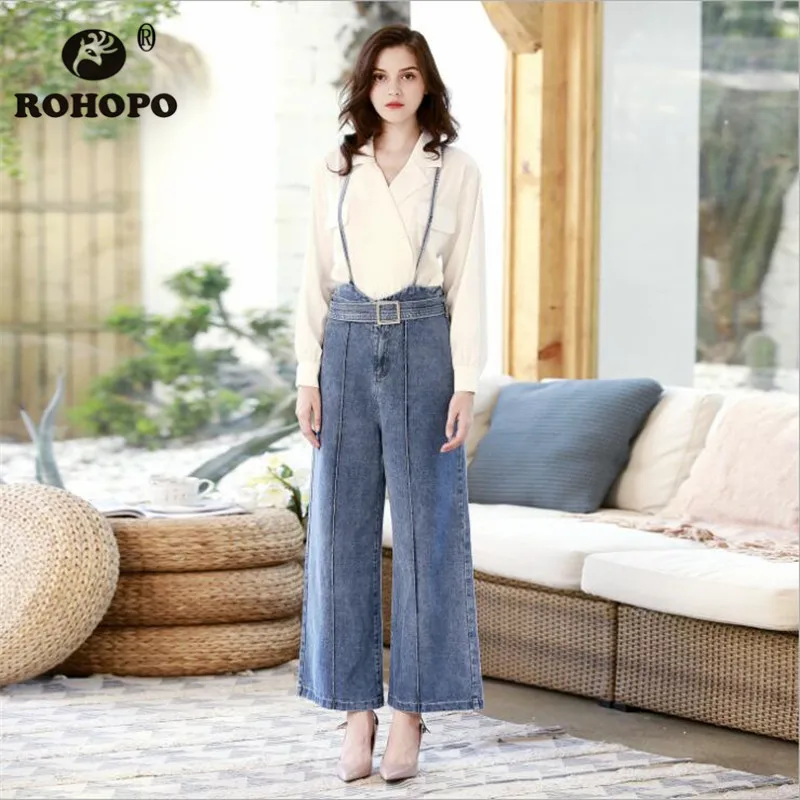 

Denim Overall Women Wide Leg Summer Full Length Denim Pants High Waist Sashes Loose Cargo Denim Original Brand Official Jeans