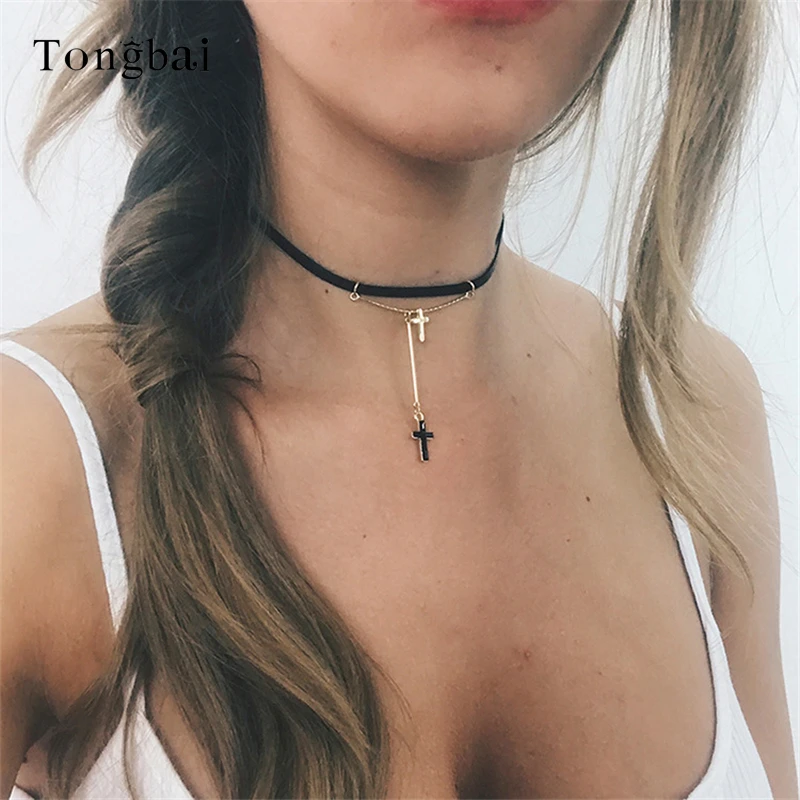 Tongbai boho падения cross pendant choker ожерелье для женщин супер тонкий черный кожаный