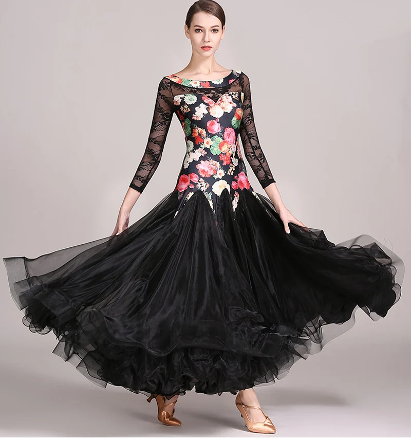 

Black Standard Ballroom Dance Dresses Women High Quality Lace Sleeve Tango Waltz Competition Dancing Skirt Ballroom Dance Dress