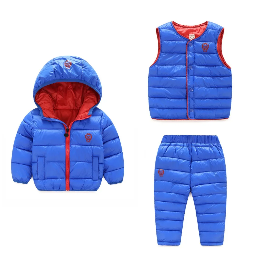 Детские зимние штаны теплый комплект для малышей куртка с капюшоном пальто + жилет + брюки 3 шт. костюм модная одежда для мальчиков и девочек