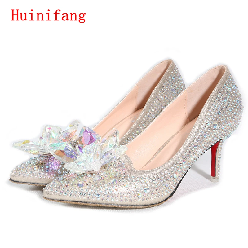 

HuiNiFang New Hot Silver/Gold Rhinestones Wedding Shoes High Heels Slip ON Cinderella Crystal Shoes Pointed Toe Women Pumps