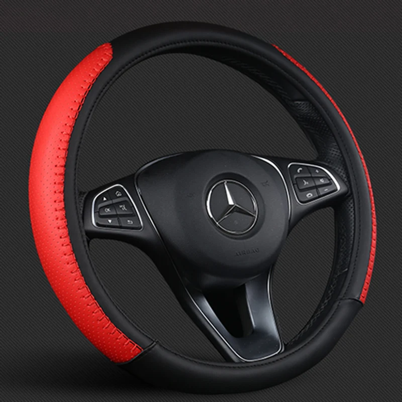 

KKYSYELVA Red Steering-wheel Leather Car Steering Wheel cover Car covers 38cm steering wheels Covers Black wheel cover