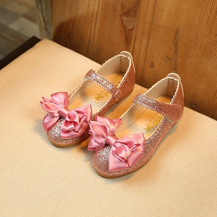 Весенне-Осенняя обувь для девочек с галстуком-бабочкой; Танцевальная вечерняя Обувь для детей; обувь принцессы для маленьких девочек; тонкие туфли золотого цвета для больших девочек; От 1 до 12 лет для детей - Цвет: Pink