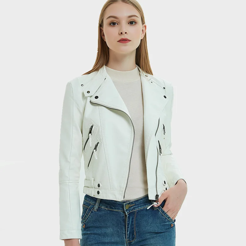 

Autumn New Zipper Motorcycle Faux Leather Jackets Women Short Womens Leather Jacket Casual PU Korean Black White Leather Jacket