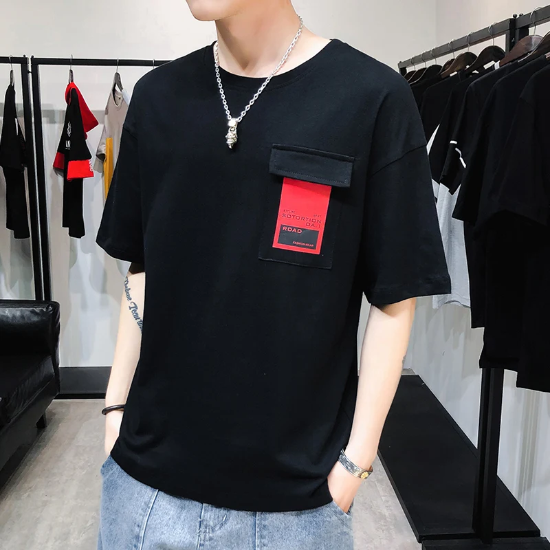 

Solid Color Male T-Shirt Pocket Printing Men's T-Shirts O-Neck Summer Black White M-3XL Man's Short-Sleeved T-Shirt