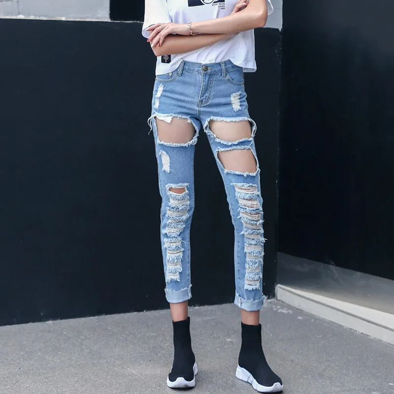 2018 New Women Ankle Length Jeans Hole Fashion Pencil Jeans High Waist Ripped Jeans Female 9782