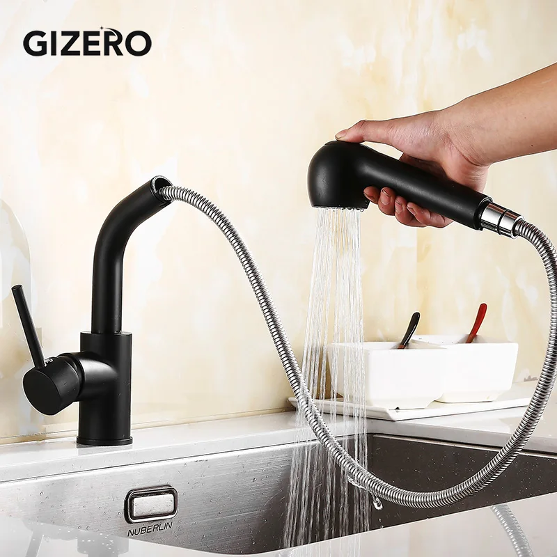 

Contemporary Kitchen Pull Out Faucets Black Mixer Taps Sink Swivel Hot and Cold Water Taps Single Handle Deck Mounted ZR393