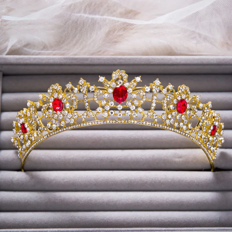 2colors High quality Vintage Red Green Rhinestone Brides Gold Crown Tiara Hair Accessories Brides Headband Hair