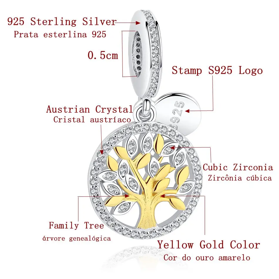 ELESHE 925 пробы серебро семейное дерево Кристалл шармы Бусины Подходят браслет кулон DIY для производства аутентичной бижутерии