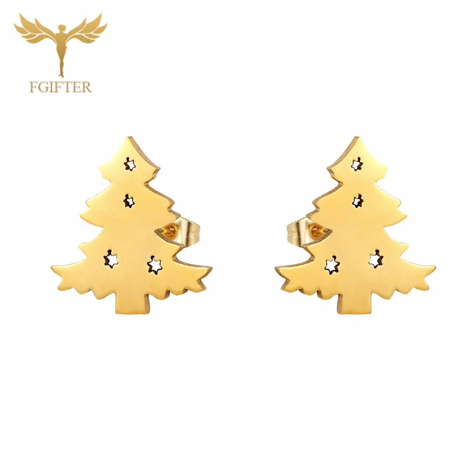 Рождественские серьги, рождественские гвоздики дерево, золотые серьги из нержавеющей стали, ювелирные изделия для женщин и девушек, Рождественский подарок