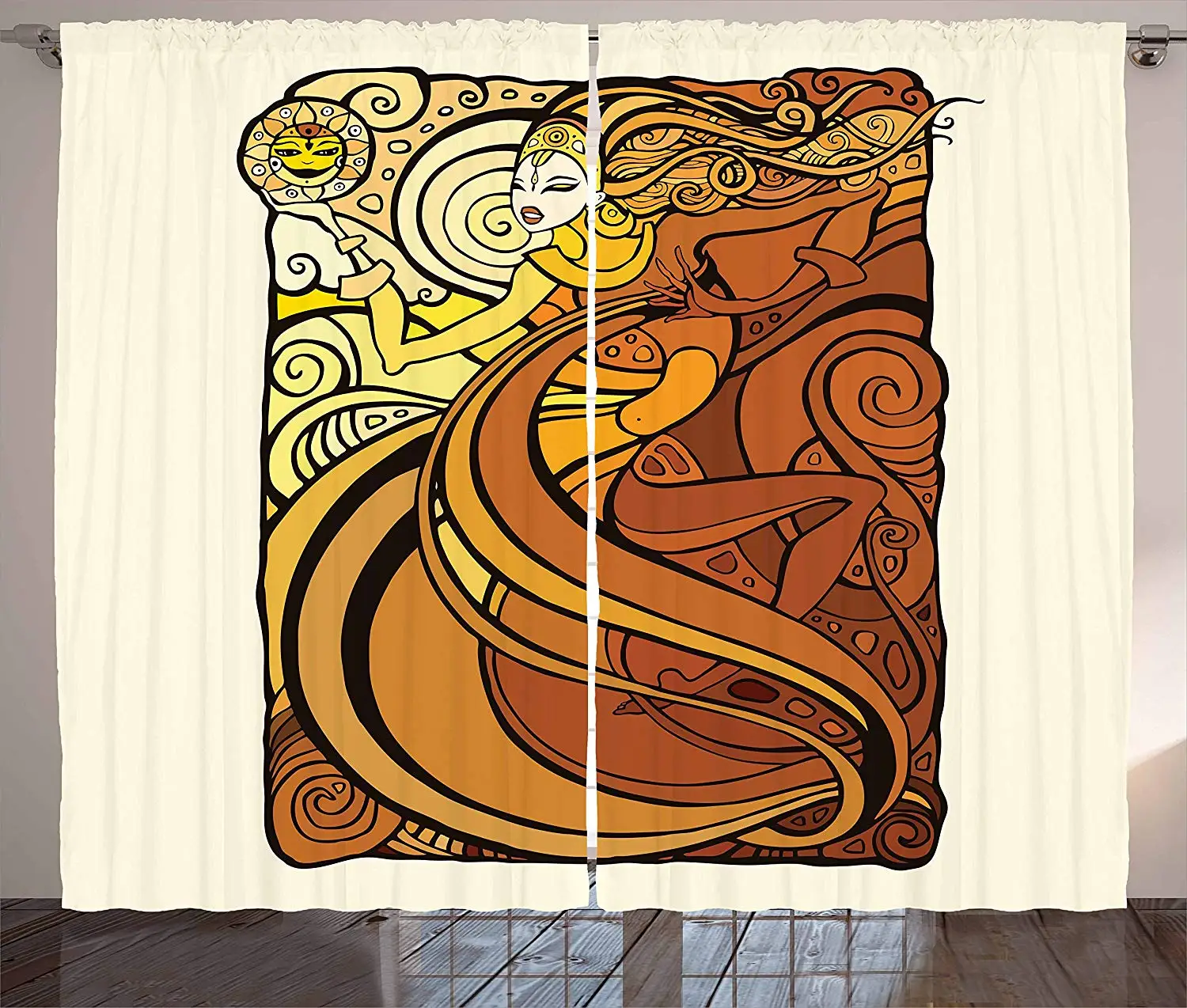 

Tarot Curtains Tribal Ethnic Woman Holding Sun on Abstract Boho Warm Colored Background Living Room Bedroom Window Drapes