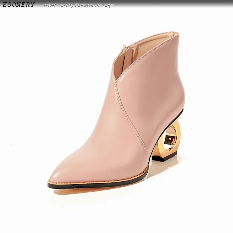 EGONERY/Новейшая модная пикантная обувь из натуральной кожи на молнии на высоком каблуке с острым носком; черные и розовые женские Зимние ботиночки