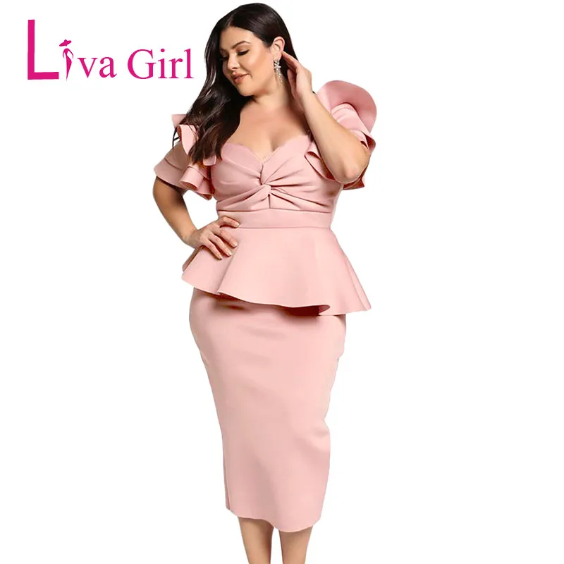 Pink-Plus-Size-Tiered-Sleeve-Twisted-Peplum-Dress-LC610552-10-1