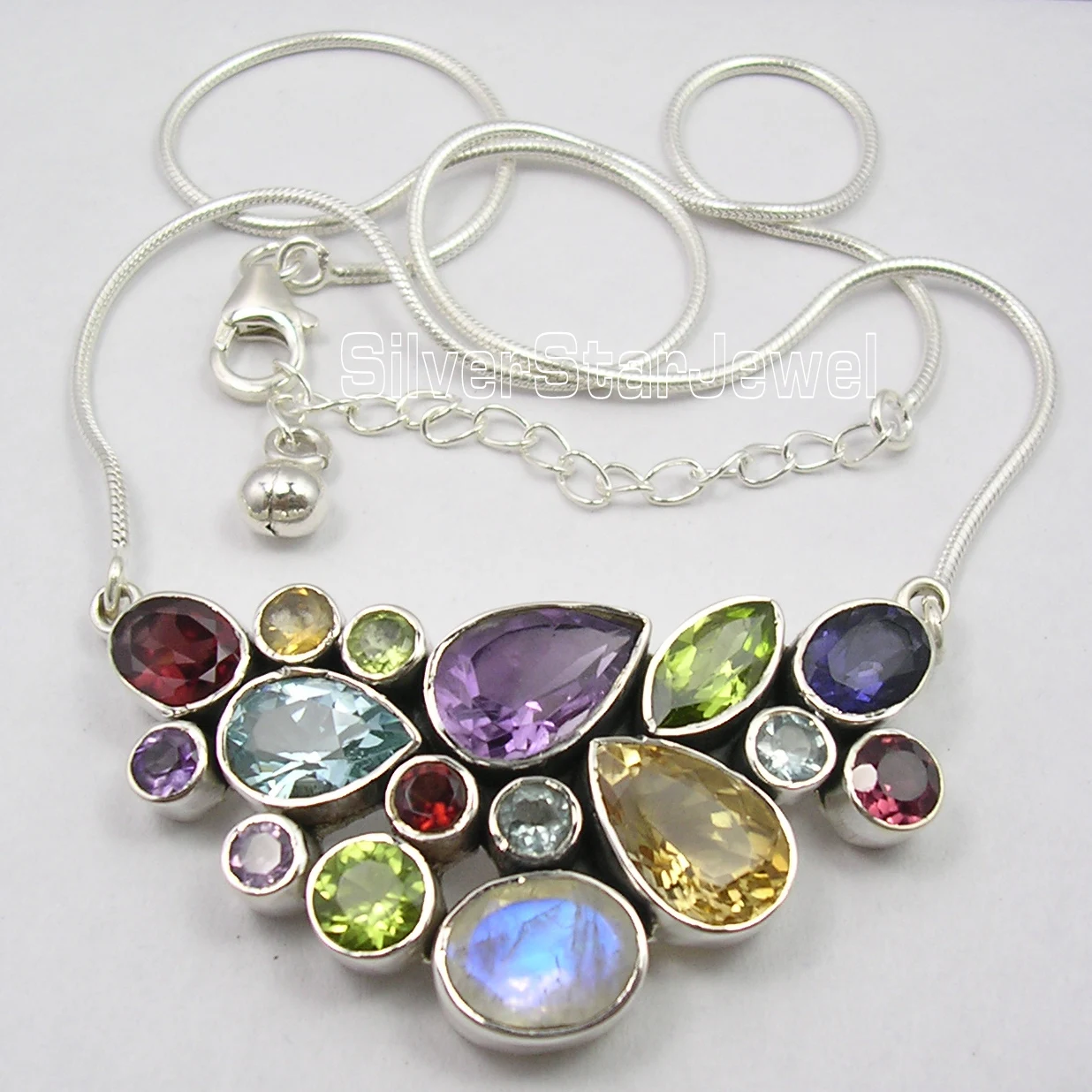 Solid Silver Natural MULTISTONE COLORFUL Snake Chain Necklace 18 1 4 Inches
