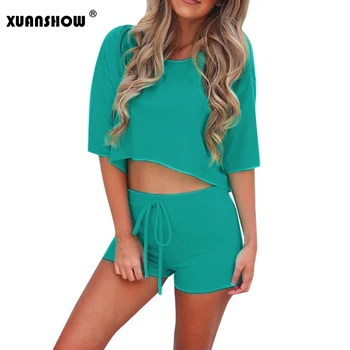 

XUANSHOW Summer Women's Clothes Solid Crop Top Biker Shorts Women 2 Piece Outfits Set Casual Ladies Short Tee Shorts Tracksuits