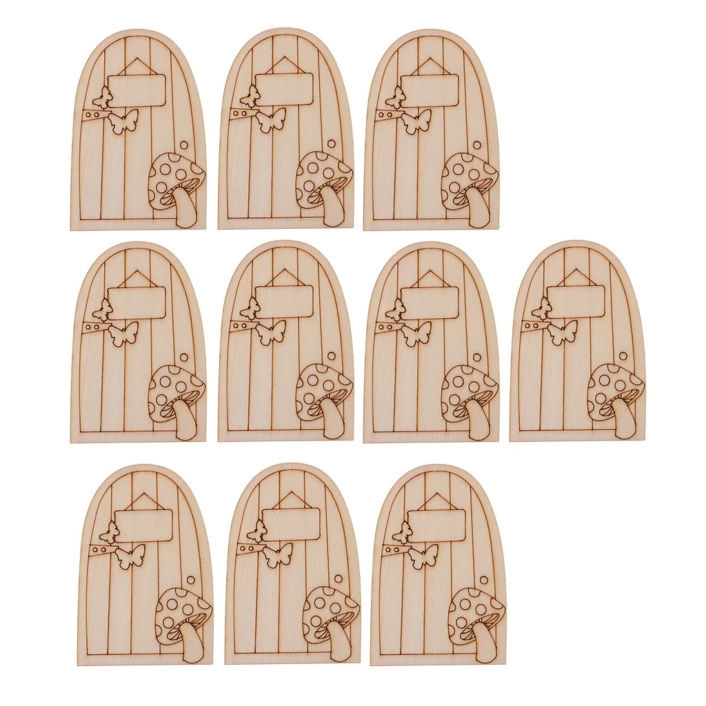 

Set of 10 Small Mini Cut Wooden Fairy Elf Doors Unpainted 10cm Tall