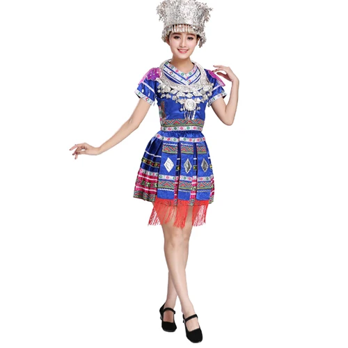 Классическая Традиционный китайский Танцы костюмы для женщин Мяо хмонг одежда традиционный Дай костюм Китайская национальная одежда - Цвет: Синий