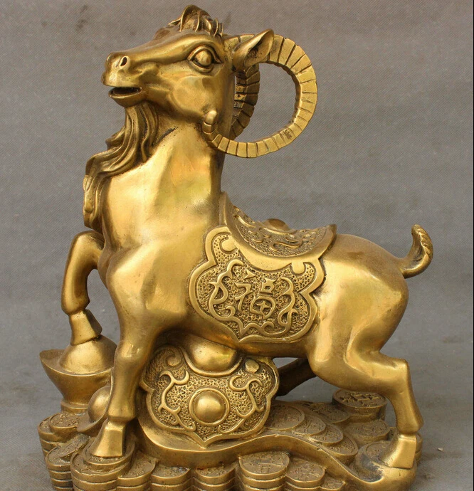 

12" Folk Chinese Pure Brass Year Zodiac Wealth JiXiang Fu Sheep Statue On RuYi