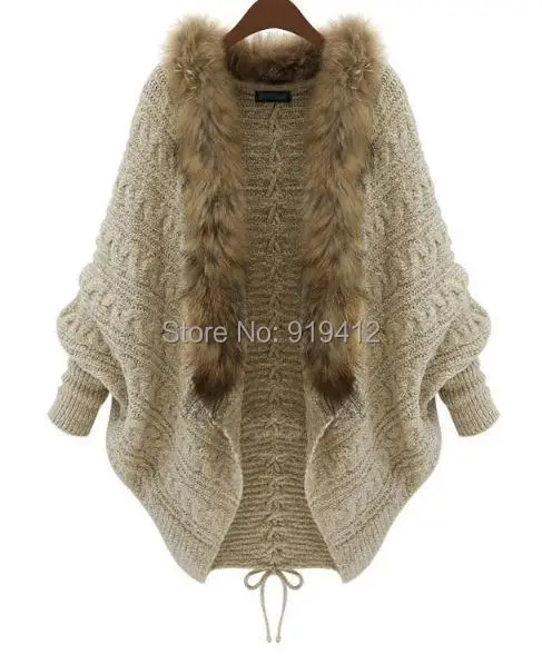 Осень Зима Мода женский вязанный, с большим треугольным вырезом пальто женский меховой воротник теплый свитер плюс размер outerверхняя одежда обертывание SA558