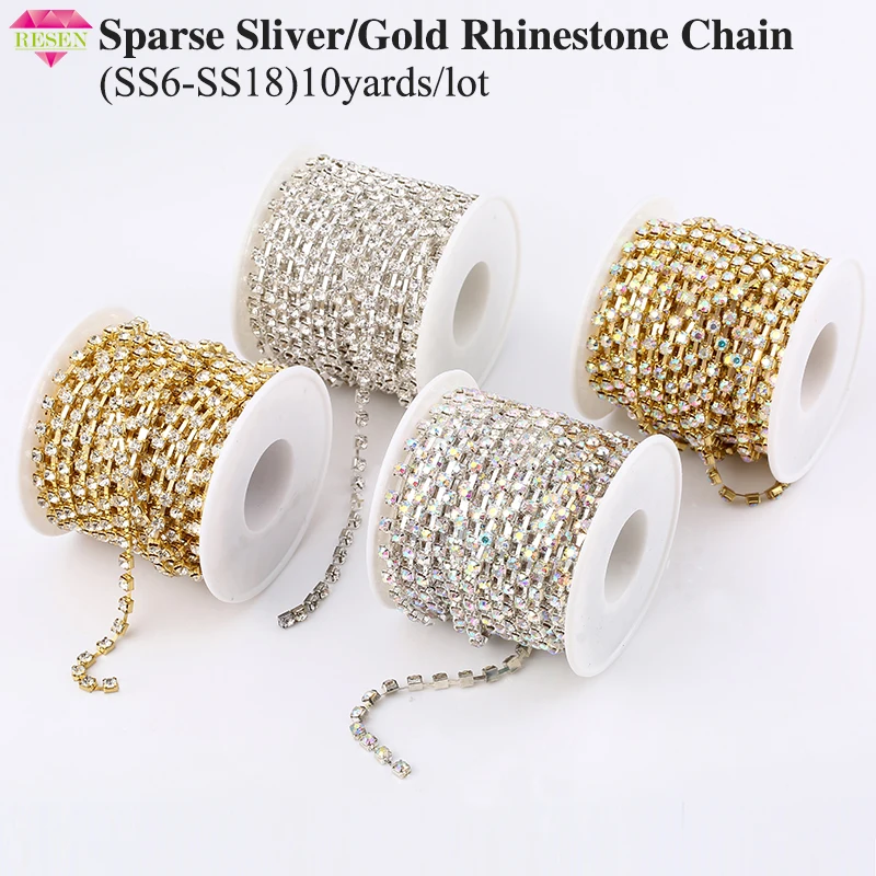 

RESEN SS6-SS18 Silver/Gold Base Sparse Clear Crystal Rhinestone Chain Apparel Sewing Glass Rhinestone Cup Chain Crystal AB