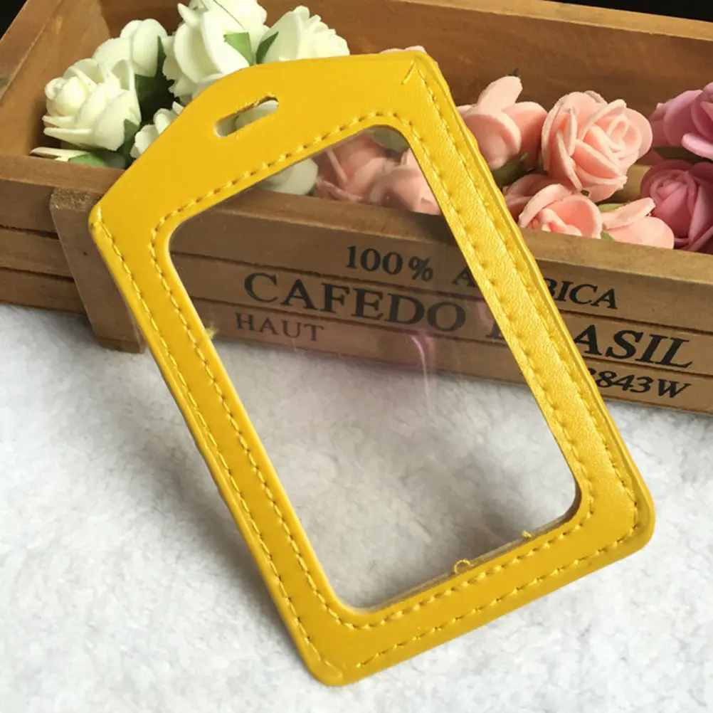

Pu Leather ID Badge Case Clear with Color Border & Lanyard Holes Card Holder 1pc