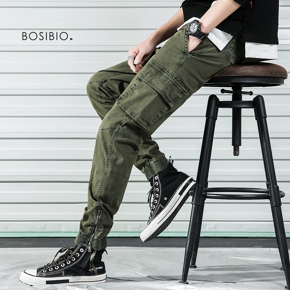 

BOSIBIO Mens Pants 2019 Spring Autumn Cotton Long Trousers Male Solid Army Green Cargo Pants Fashion Men Brand Clothing G3593