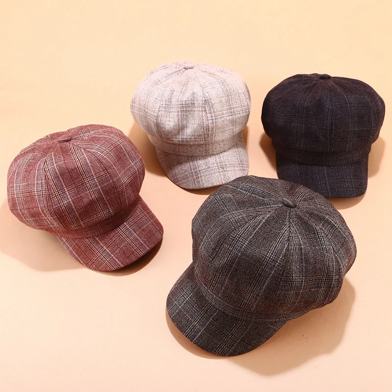 Ретро клетчатая восьмиугольная кепка Женская Британский берет Повседневная хлопковая кепка газетчика простой тренд берет шляпа для девочек