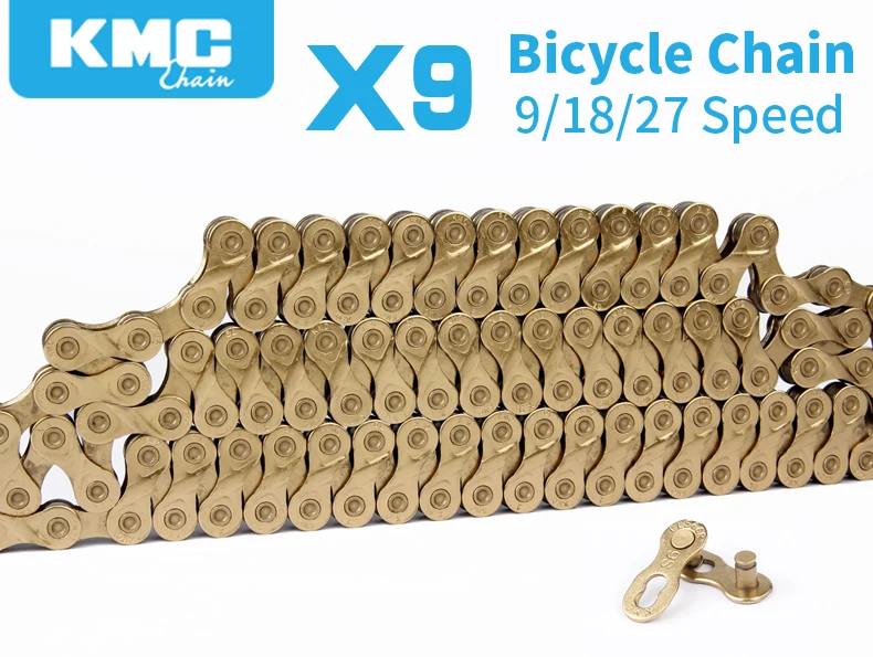 Perfect KMC X9 Golden Alloy Iron 9/18/27 Speed Bike Chain MTB Mountain Road Bike Universal Bicycle Chain 116 Links Missing Connect Links 0