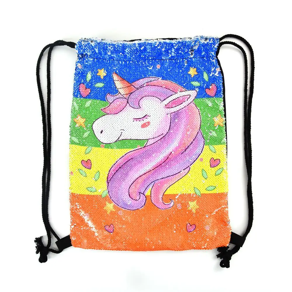 Custom Logo Bag Unicorn Sequin Backpack Drawstring Bag for Girl School Bag Kids Mermaid Horse Draw String Bags