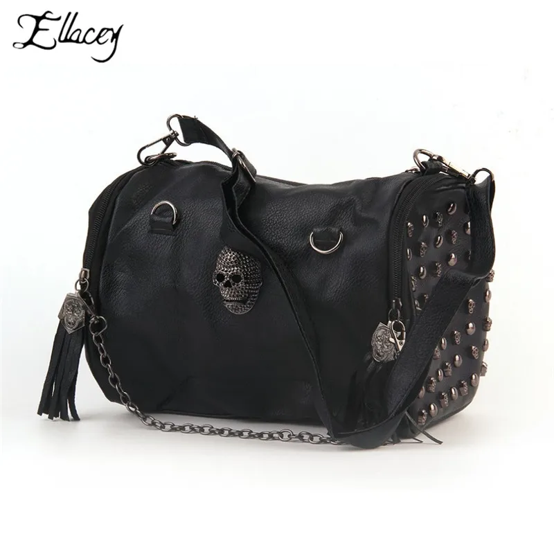 

2019 New Designer Brand Skull Bag Women Rivet Tassel Handbags Pillow Black Shoulder Bags Punk Fashion City PU Leather Skull Bag