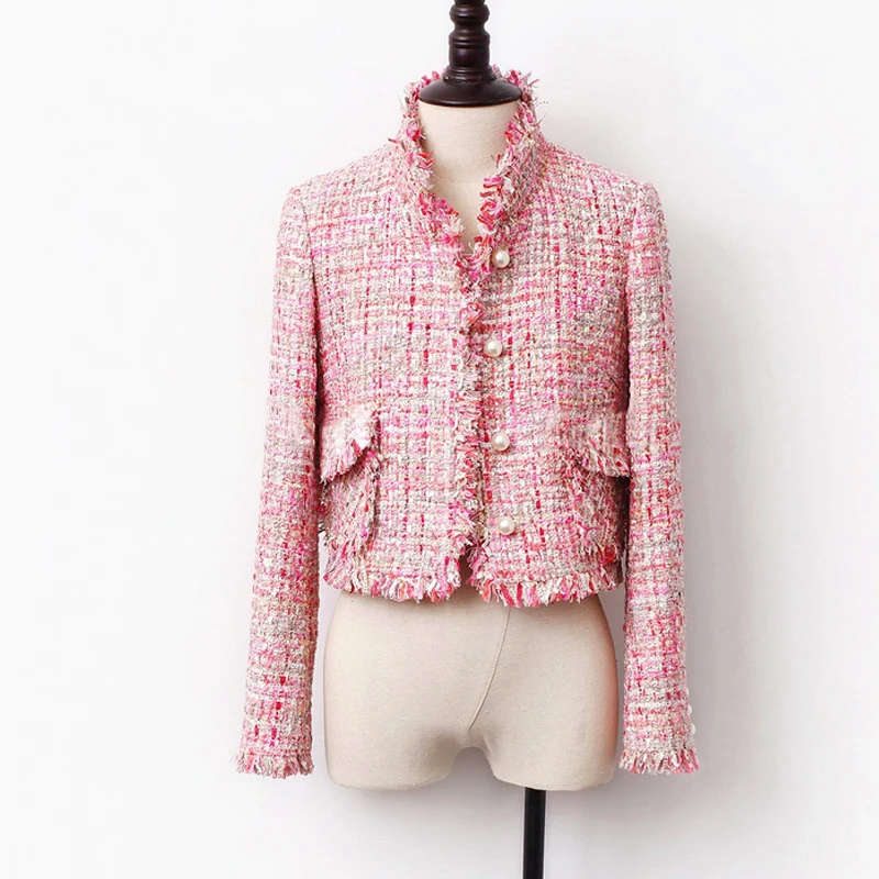 price cut Pink Tweed Jacket spring / autumn /winter women's jacket coat classic ladies wild ladies bright wir