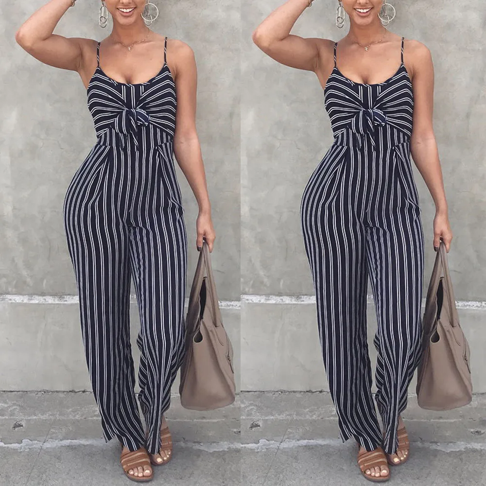 

2019 Summer Top Womens Clubwear Strappy Striped Playsuit Bandage Bodysuit Party Jumpsuit