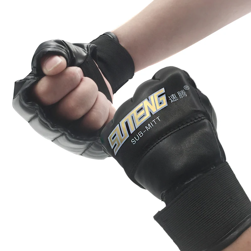 

1 Pair PU Leather Half Mitts Mitten MMA Muay Thai Training Punching Sparring Boxing Gloves Golden/White/Red