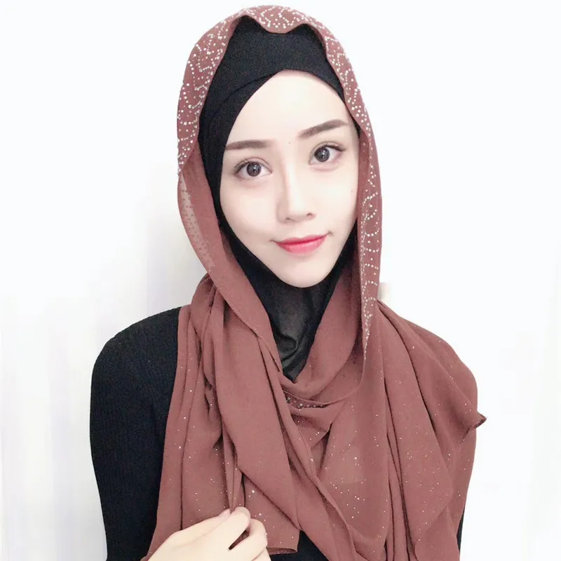 

2019 Solid Color Rhinestone Woman Scarf Shining Sequins Chiffon Silk Popular Shawls Scarf Headband Muslim Scarves Free Shipping