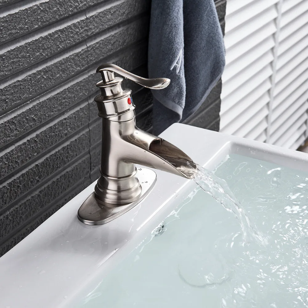 

Bathroom Deck Mounted Basin Sink Faucet Brushed Nickel/ Black Bronze Single Hole Cold & Hot Mixer Tap W/ 6" Cover Plate