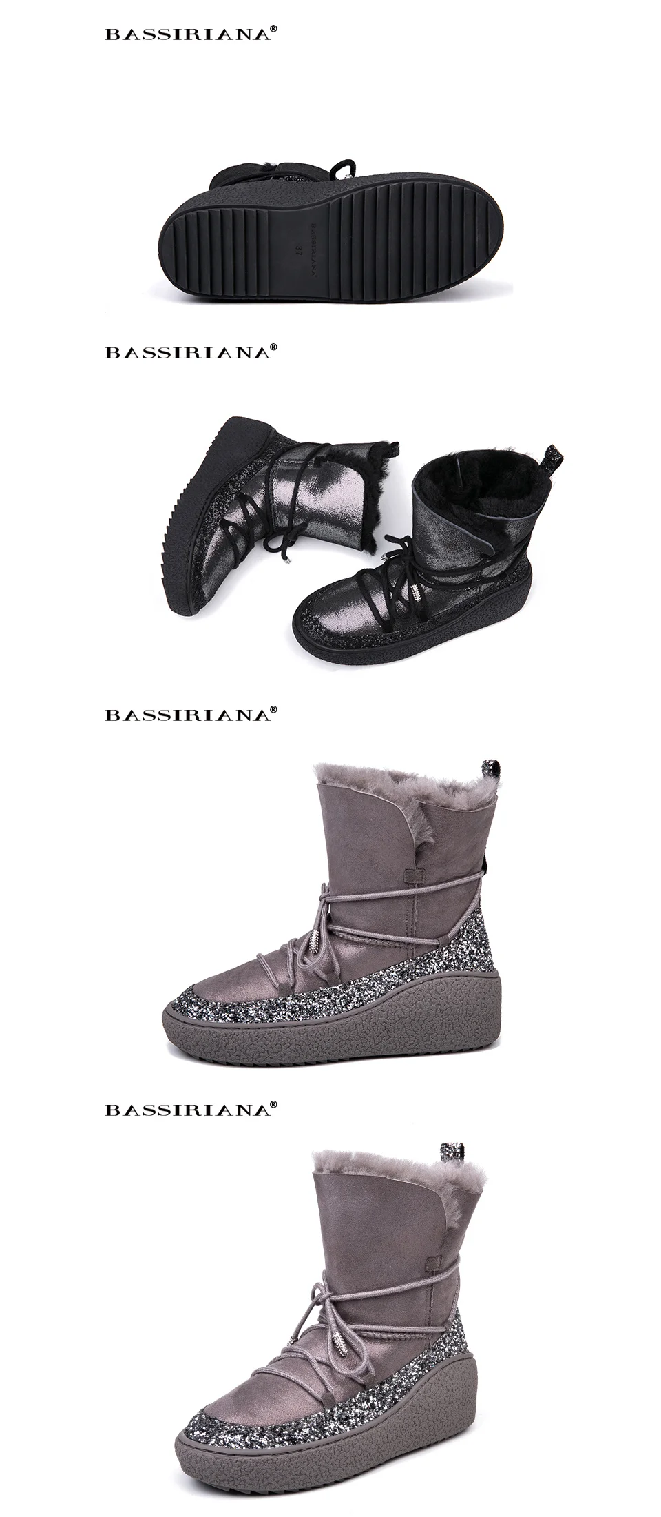 BASSIRIANA/зима Ботинки женские дубленки snowboots черный серый 35-40